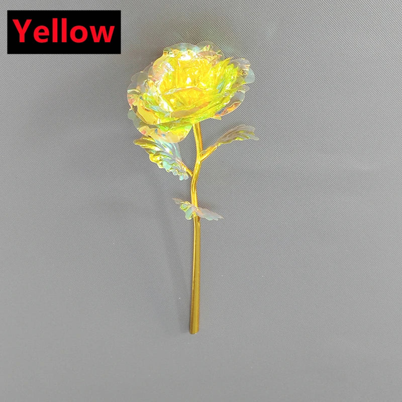 Rosa Bañada en Oro 24K — Rosa Dorada Eterna, Set con Base, 12 Colores, San Valentín