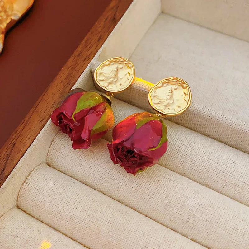 French Elegant Eternal Rose Flower Pendant Necklace Earrings Jewelry Set Women's Fashion Statement Party Ladies Girls Jewelry