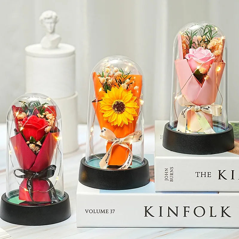 Everlasting Rose LED Glass Dome Bouquet Romantic Illuminated Ornament Perfect Valentine's Day Christmas Home Decor Romantic Gift