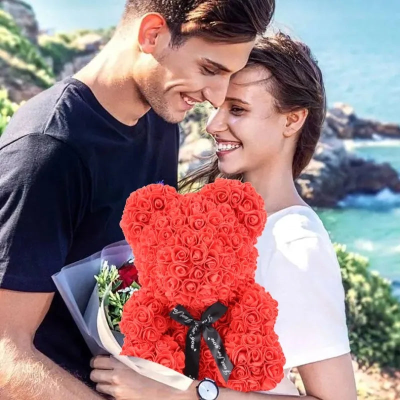 Home Romantic Valentine's Day Eternal Rose Bear, Christmas Wedding Floral Decoration Gift, Creative Rose Bear Hug Bear for Home