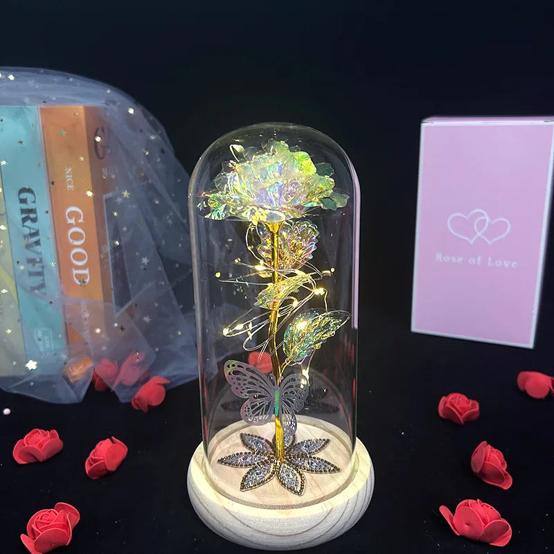 Rosa Galaxy de Cristal en Cúpula de Vidrio con LED — Regalo Cumpleaños, Mamá, Abuela y Esposa