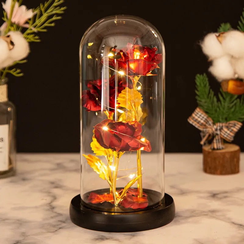 Rosa de Cristal con Luz en Cúpula de Vidrio — Regalo Navidad, Aniversario y San Valentín
