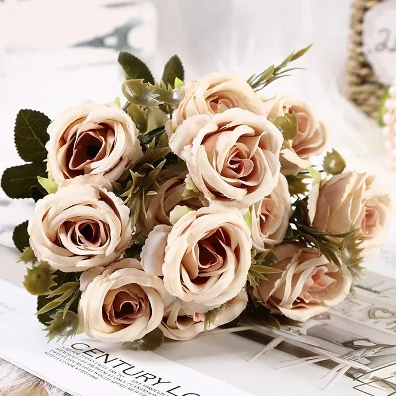 Retro Artificial Roses Bouquet Elegance Bridal Wedding Realistic Roses Flowers Floral Arrangement Ornaments Home Decoration