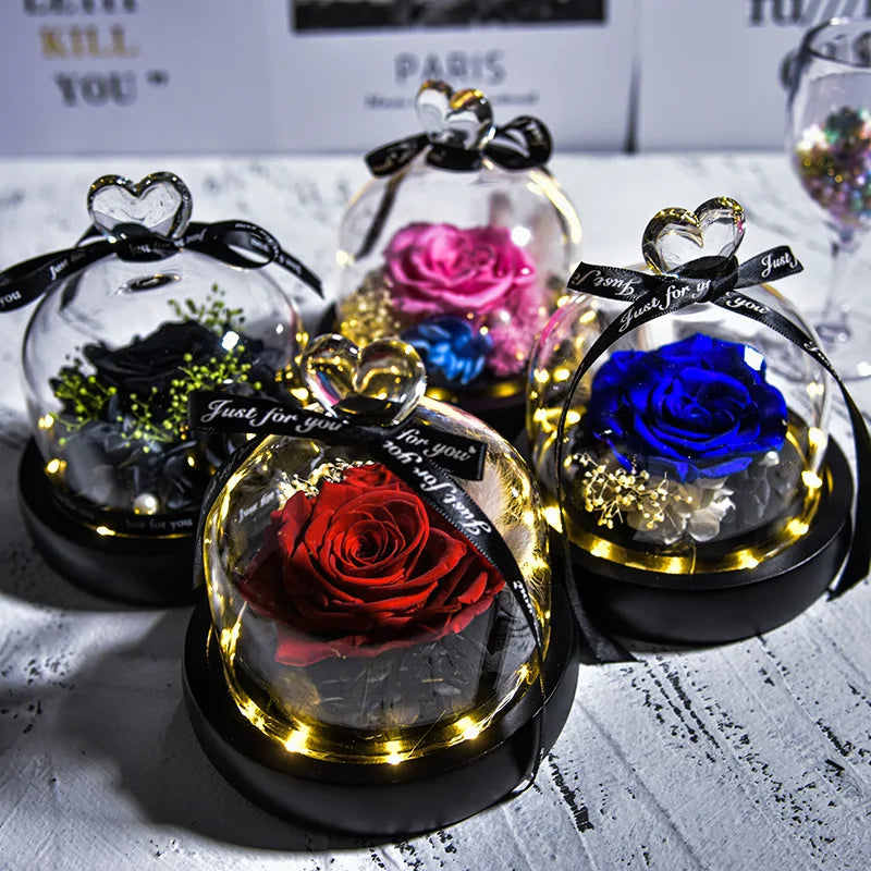 Natural Eternal Rose In Glass With lamp Beauty Preserved Flowers Forever Wedding Valentine Gifts for Girl