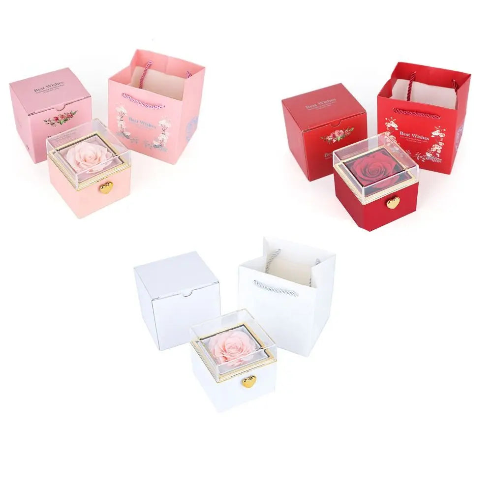 Caja Joyero Giratoria con Rosa Eterna — Exhibidor de Anillos, 3 Colores, Propuesta y Boda