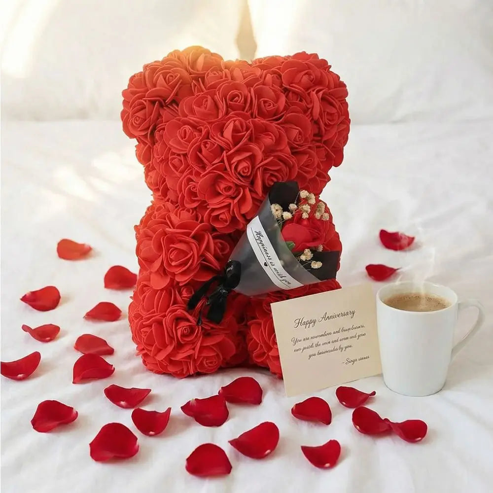 24cm Size Eternal Rose Bear Flower Bouquet Long Lasting Rose Bear Creative Design Artificial Rose Artificial Foam Flowers Bear