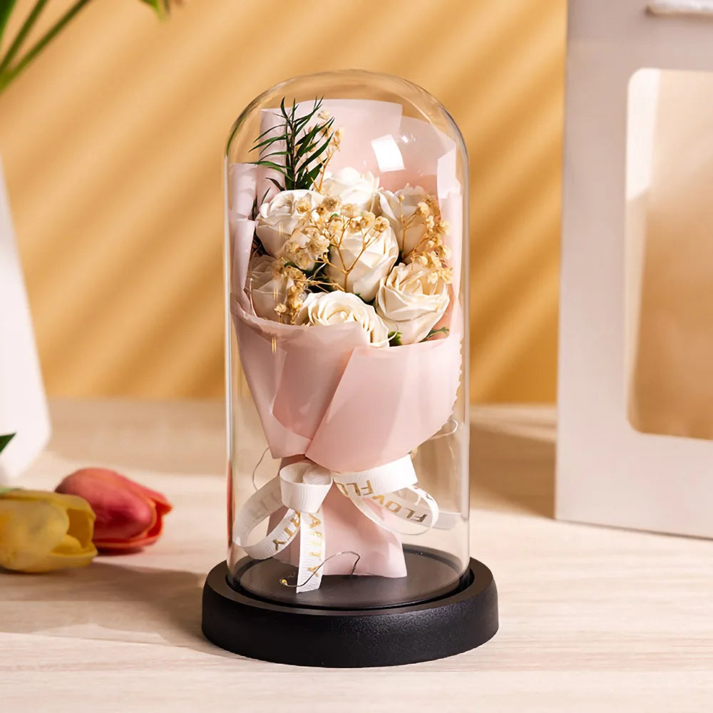 Eternal Rose LED Light Acrylic Cover Flower Valentines Day Gift Wedding Party Decor Artificial Rose Flowers Light Christmas Part