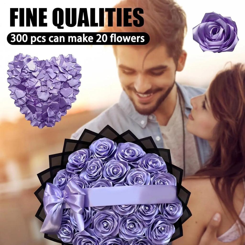Yannew 300pcs Premade Handcrafted Silk Rose Petals for DIY Eternal Rose Flowers Bouquets with Stem Leaf Birthday Gifts for Women