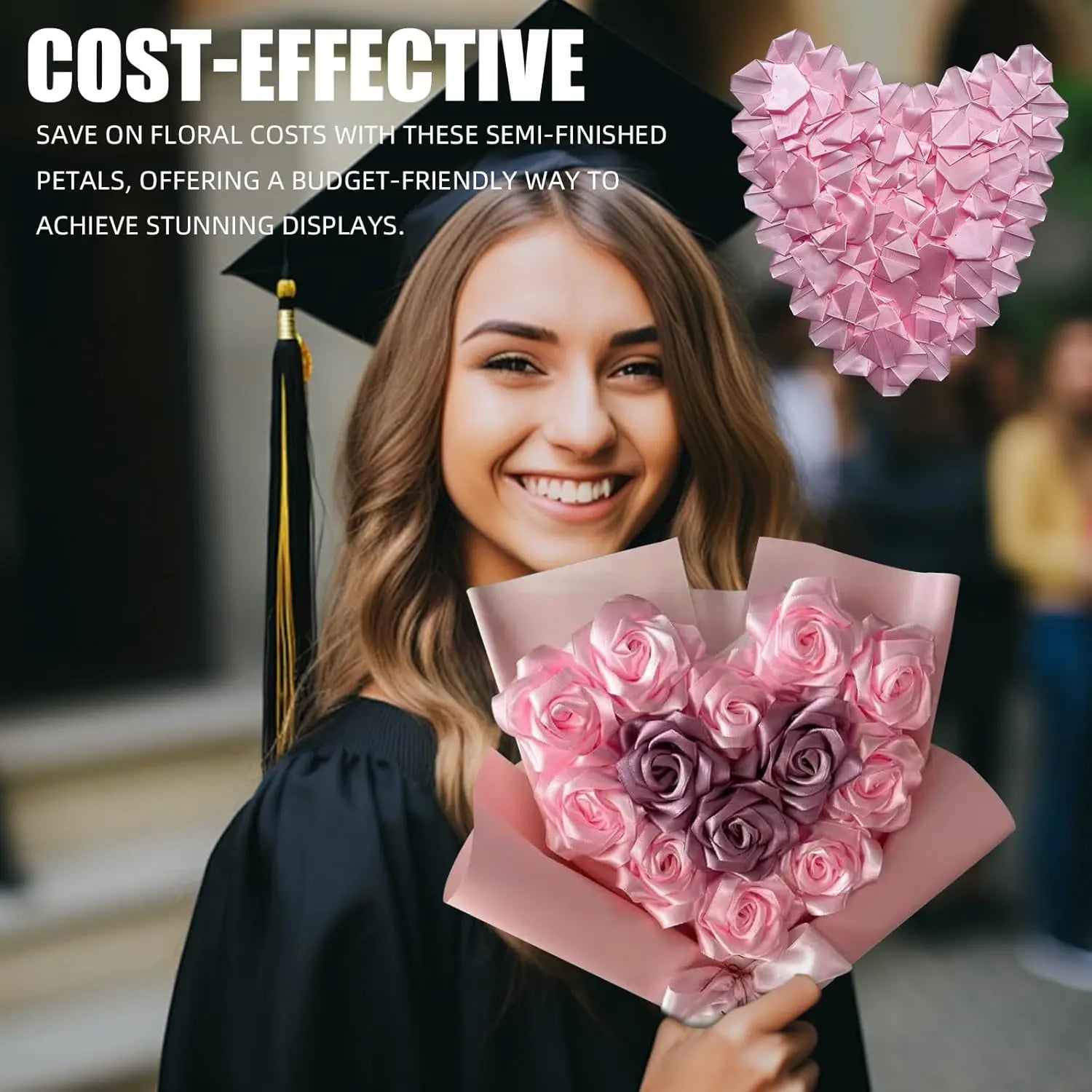 Yannew 300pcs Premade Handcrafted Silk Rose Petals for DIY Eternal Rose Flowers Bouquets with Stem Leaf Birthday Gifts for Women