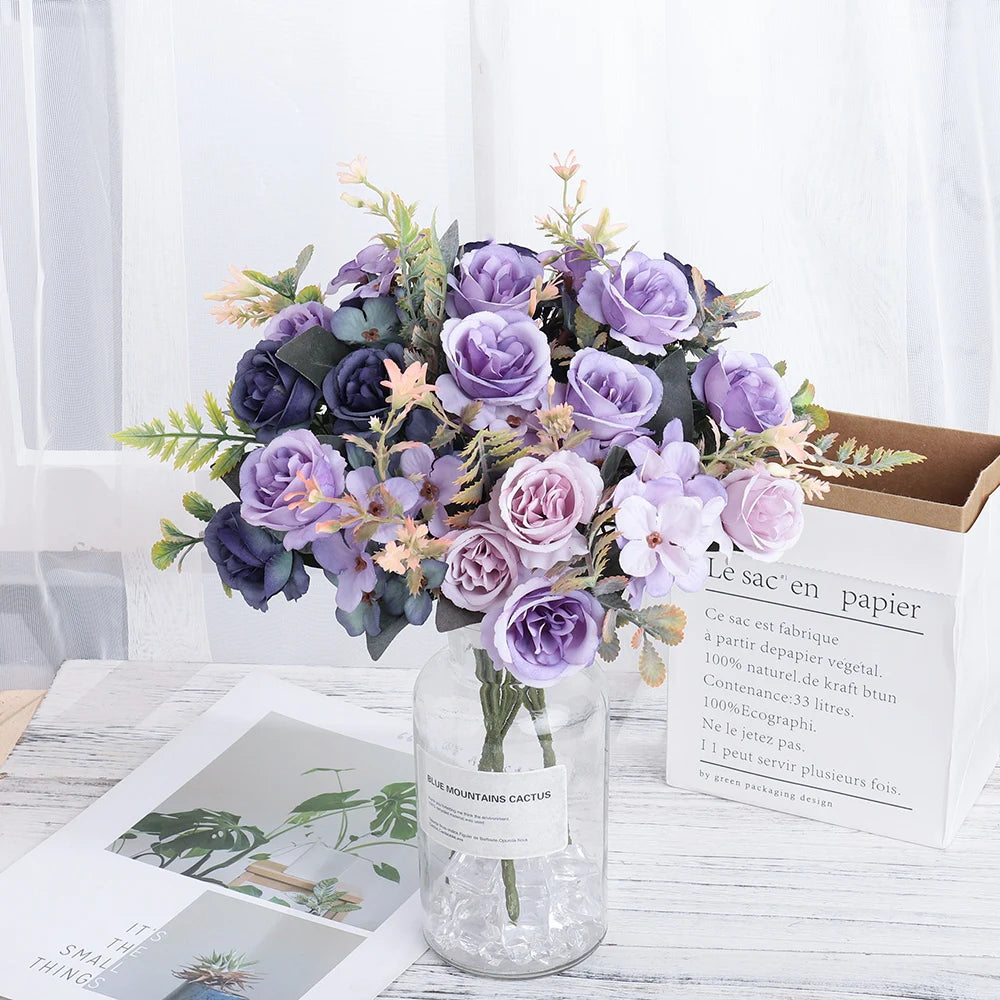 Ramo de Rosas e Hortensias de Seda — 12 Colores, Novia, Fiesta y Mesa