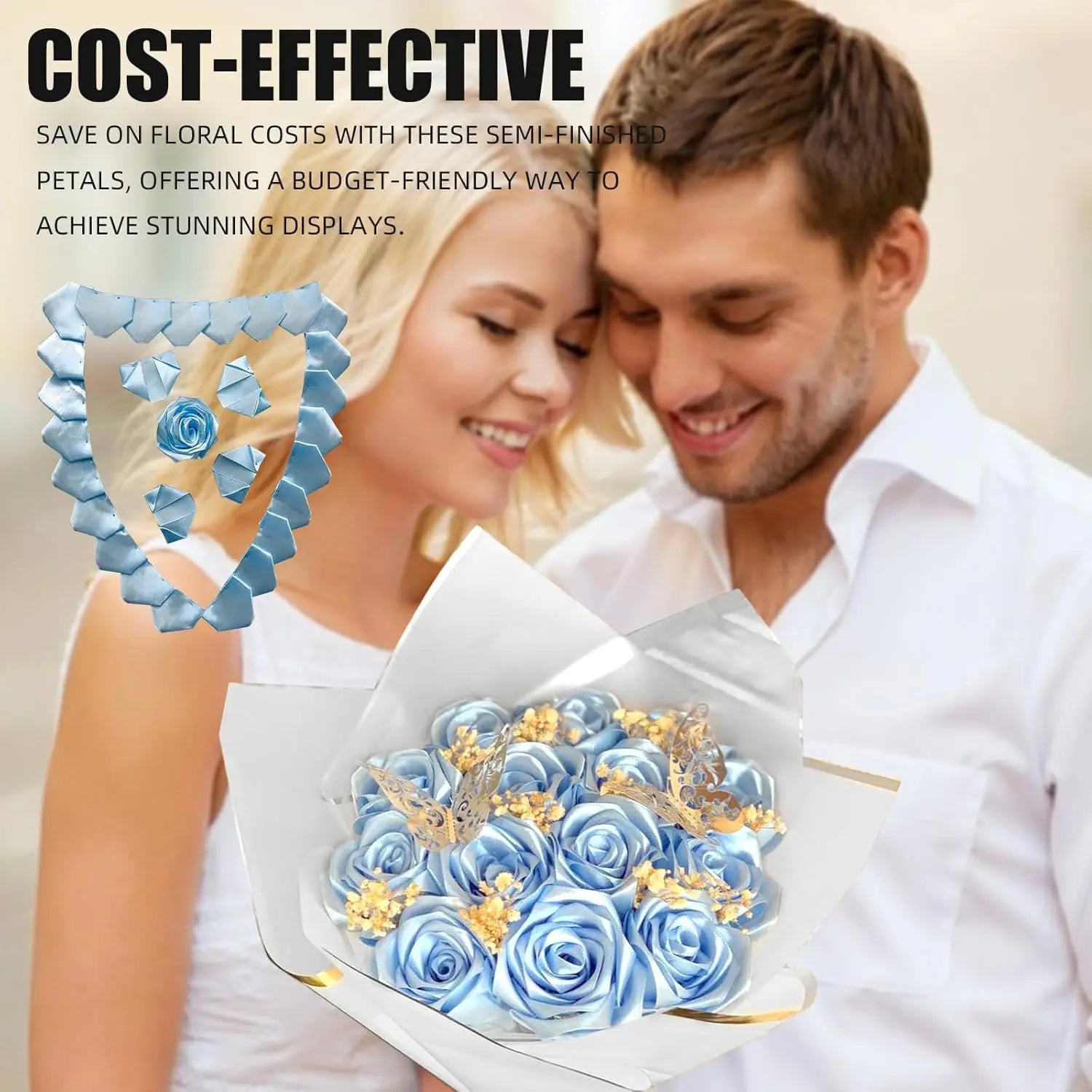 Yannew 300pcs Premade Handcrafted Silk Rose Petals for DIY Eternal Rose Flowers Bouquets with Stem Leaf Birthday Gifts for Women