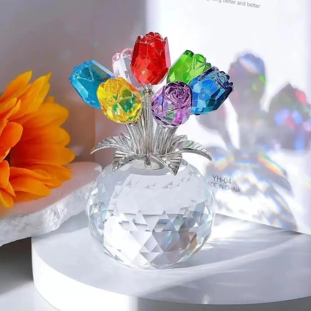 Crystal Gemstone Rose Flower Colourful Rose Bouquet Eternal Ornament Gift Figurine Red Decorative Rose Rose