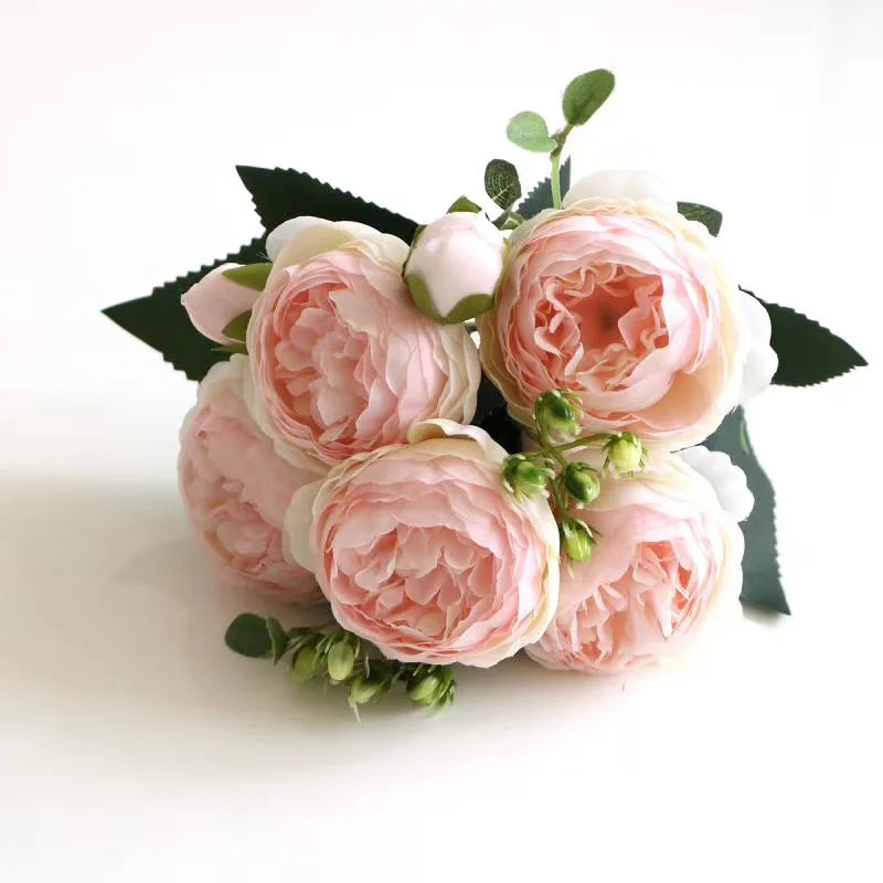 Ramo de Peonía y Rosa de Seda — 12 Colores, Hogar, Boda y Decoración Festiva
