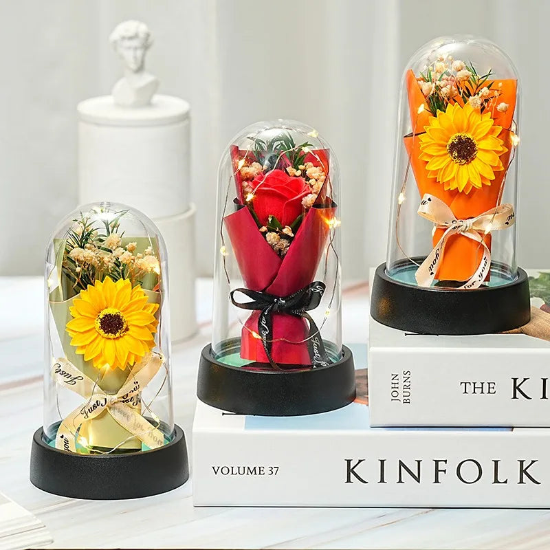 Everlasting Rose LED Glass Dome Bouquet Romantic Illuminated Ornament Perfect Valentine's Day Christmas Home Decor Romantic Gift