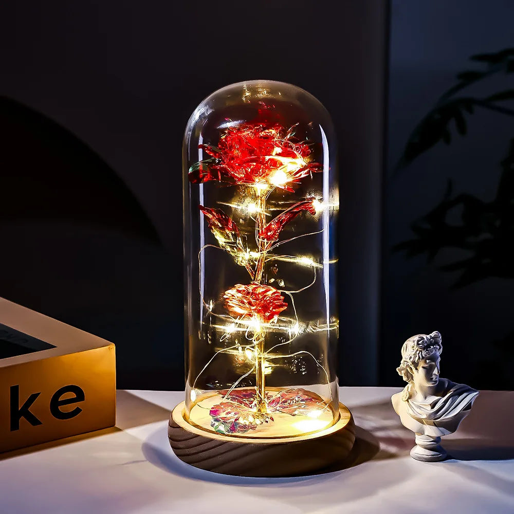 Eternal Rose LED Light glass Cover Flower Valentines Day Gift Wedding Party Decor Artificial Rose Flowers Light Christmas Gift