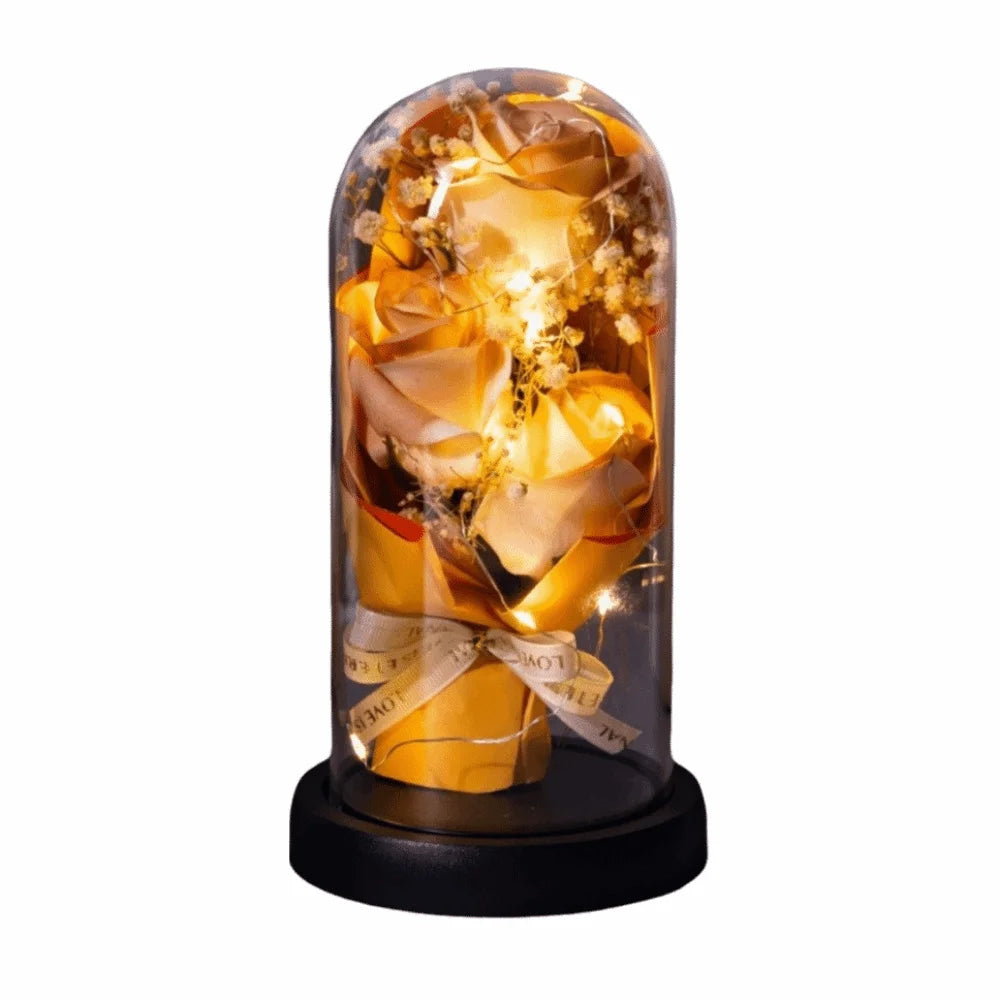 Romantic Eternal Rose Light 3 Heads Soap Flower Transparent Dome Artificial Rose Light Luminous Realistic LED Eternal Flower