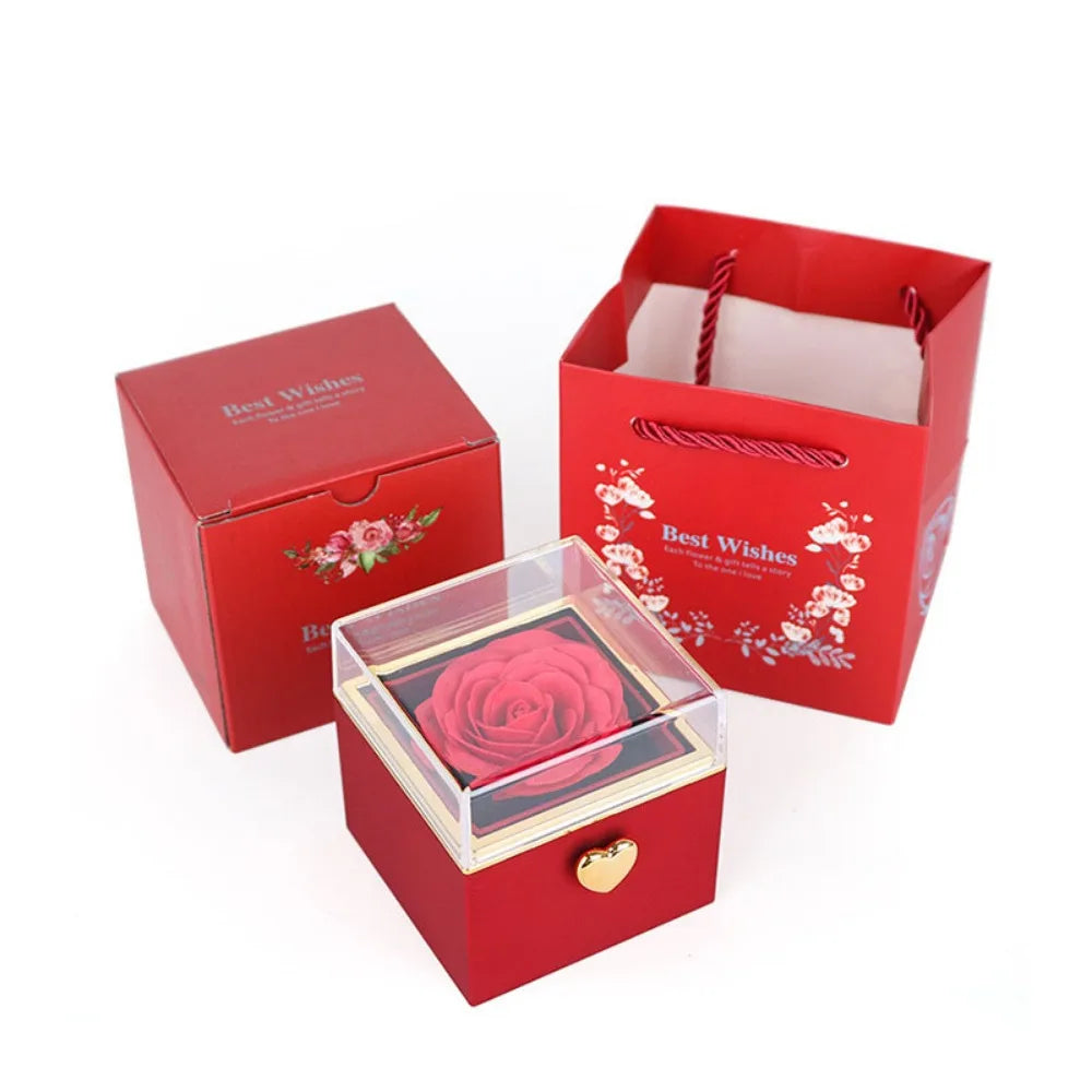 Caja Joyero Giratoria con Rosa Eterna — Exhibidor de Anillos, 3 Colores, Propuesta y Boda
