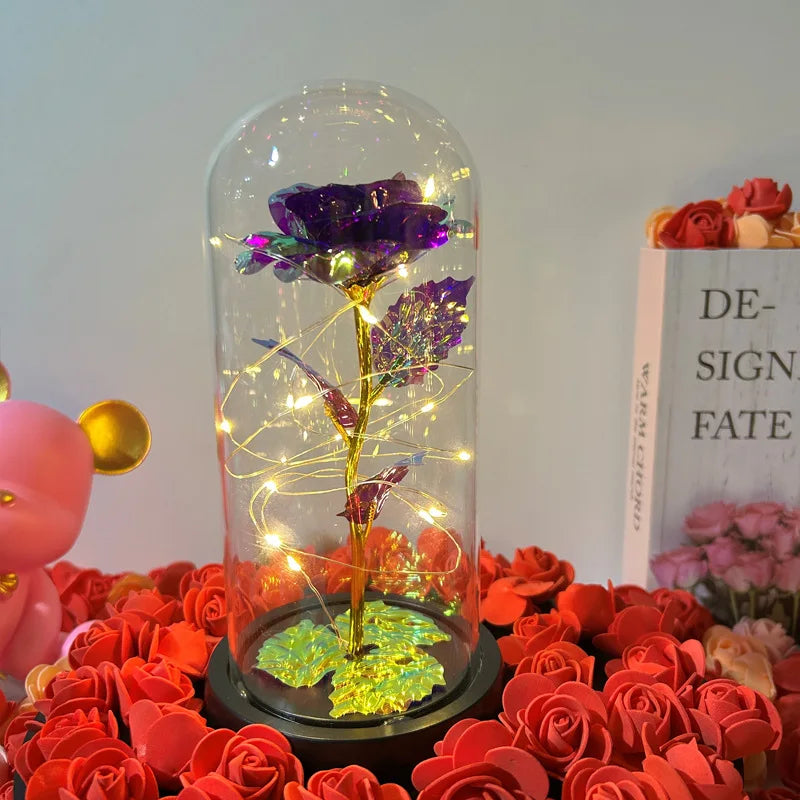 Wedding Galaxy Rose Flower Eternal Flower With Lights In Dome Forever Rose Red Rose Valentine'S Day Mother'S Day Romantic Gift