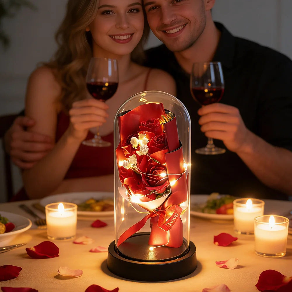 Rose Eternal Life Flower LED Starry Sky Glass Cover Living Room Decor Gift Ornament Perfect Valentine's Day Christmas Gift