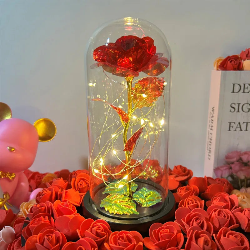 Wedding Galaxy Rose Flower Eternal Flower With Lights In Dome Forever Rose Red Rose Valentine'S Day Mother'S Day Romantic Gift