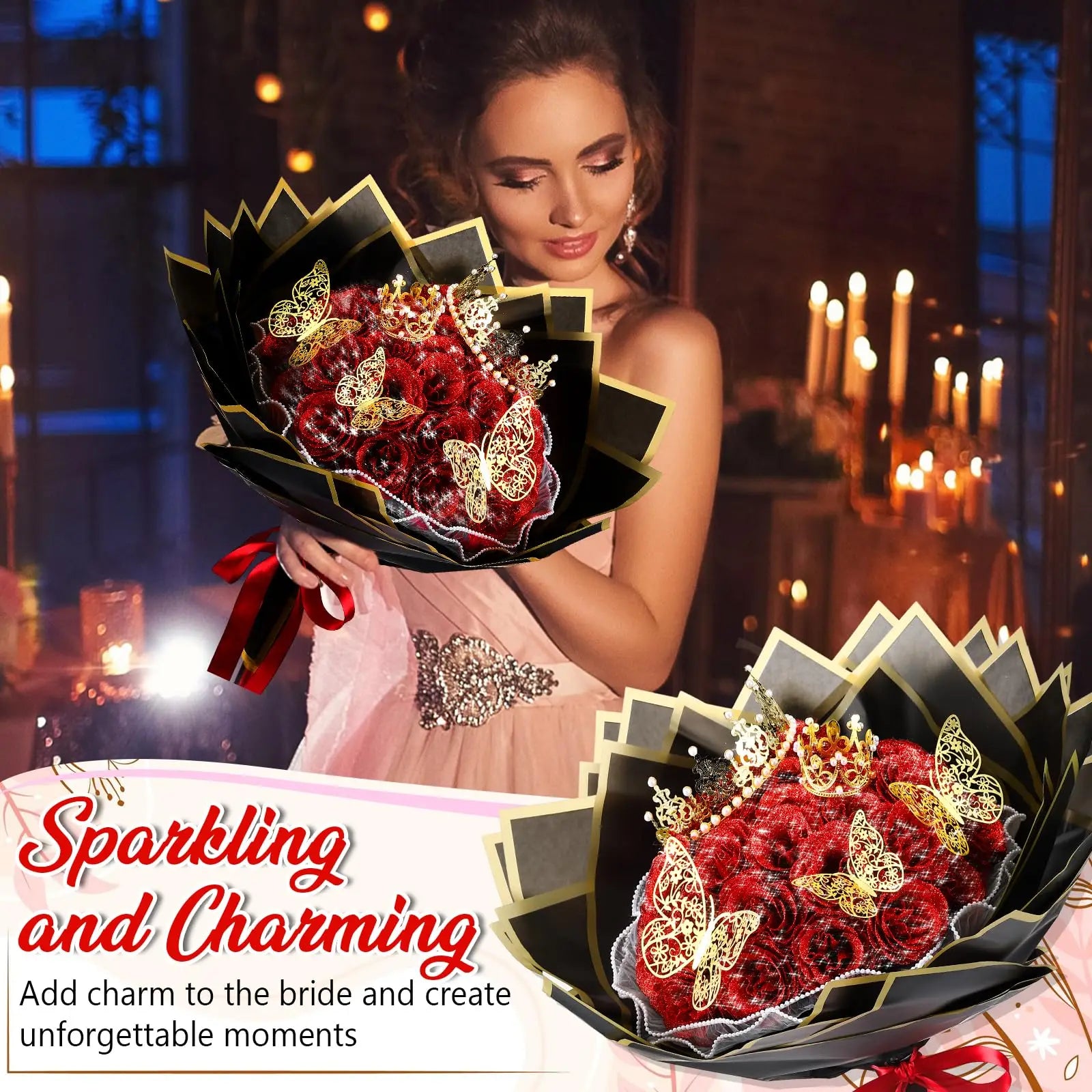 Glitter Artificial Eternal Red Rose Bouquet Forever Roses Flower Bouquet Silk Fake Rose Flower Valentine's Day Birthday Gift