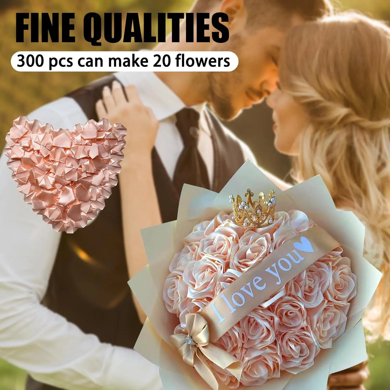 Yannew 300pcs Premade Handcrafted Silk Rose Petals for DIY Eternal Rose Flowers Bouquets with Stem Leaf Birthday Gifts for Women