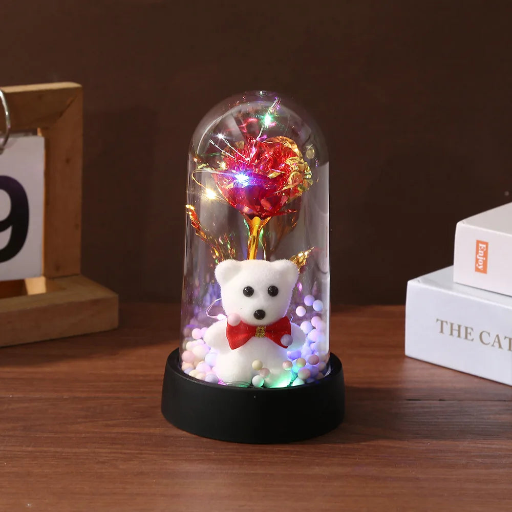 Artificial Rose Foil Flower Bear Decoration with LED Light for Girlfriend Eternal Rose Valentine's Day Wedding Christmas Gifts