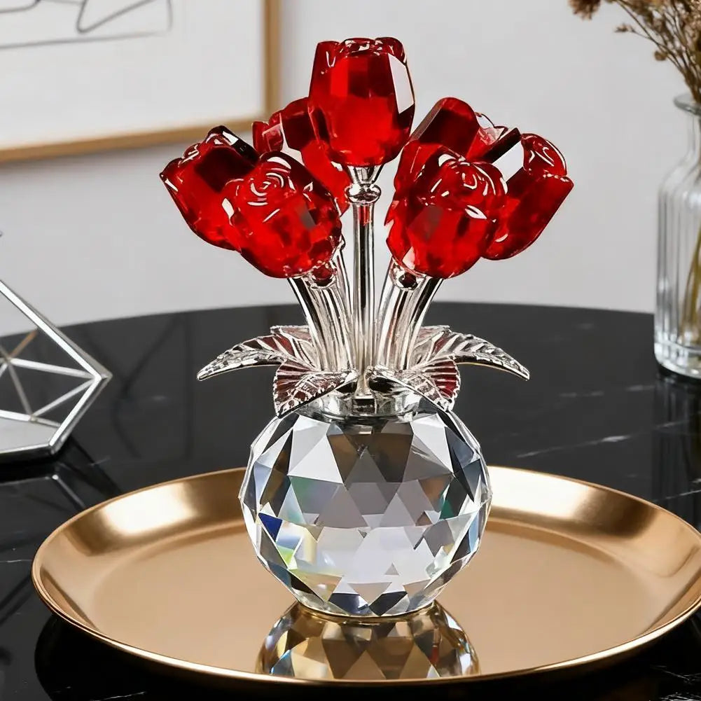 Crystal Gemstone Rose Flower Colourful Rose Bouquet Eternal Ornament Gift Figurine Red Decorative Rose Rose