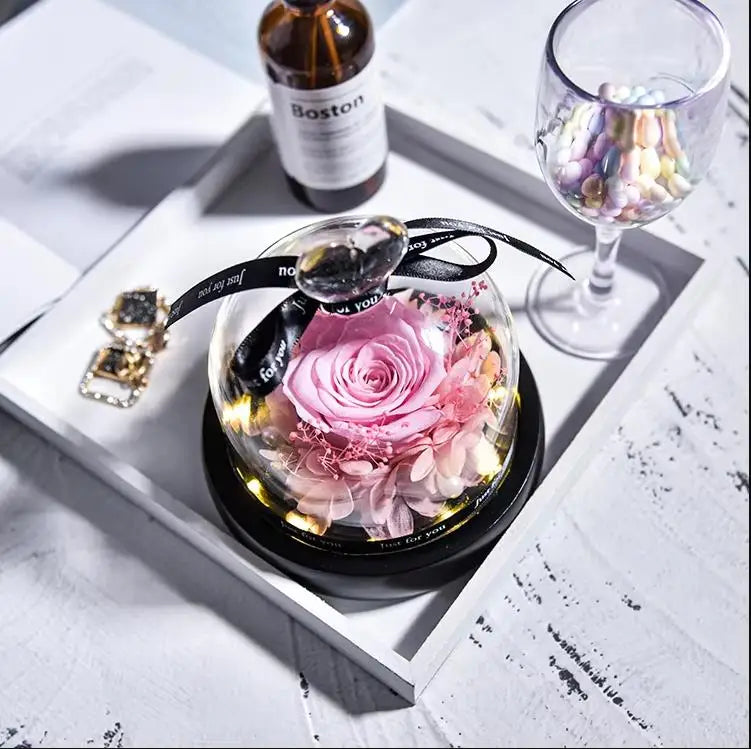 Natural Eternal Rose In Glass With lamp Beauty Preserved Flowers Forever Wedding Valentine Gifts for Girl
