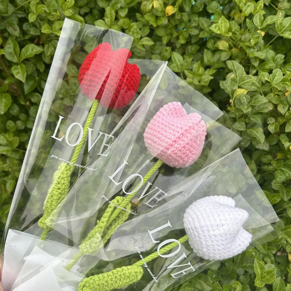 Hand Woven Roses Tulip Simulation Flower Preparation Handmade Flower Diy Wool Knitting Homemade Crochet Bouquet Finished Product