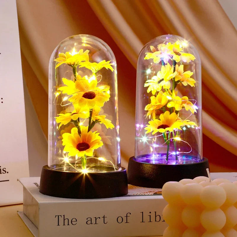 LED Night Light with Eternal Rose, Glass Cover Lamp, Sunflower Shade, Creative Desktop Decor