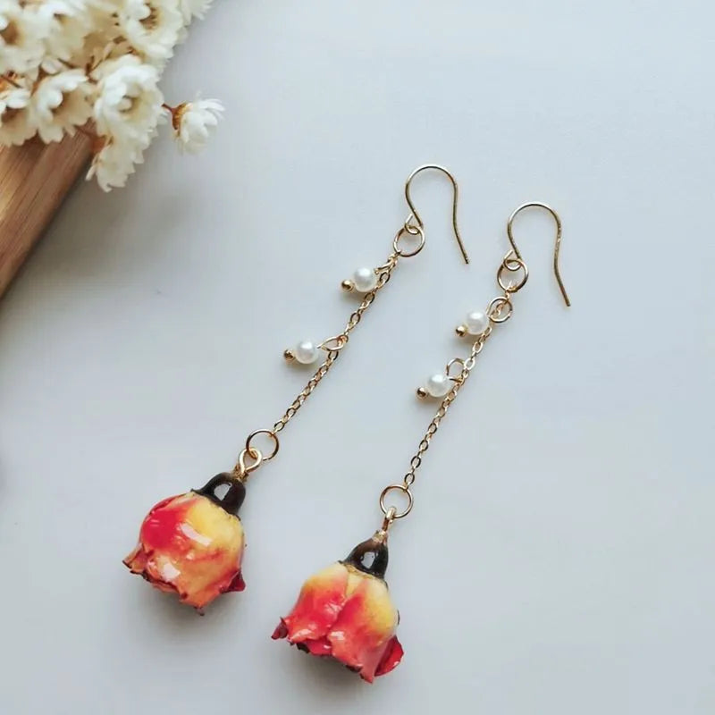 Immortal Rose Flower Earrings Elegant Epxoy Resin Dried Flower Earrings Colorful Rose Natural Plant Hoop Earrings Custom Jewelry