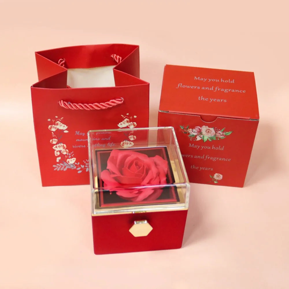Eternal Rose Rotating Jewelry Box Soap Flower With Gift Bag Ring Box Transparent Lid Acrylic Storage Case Wedding Party