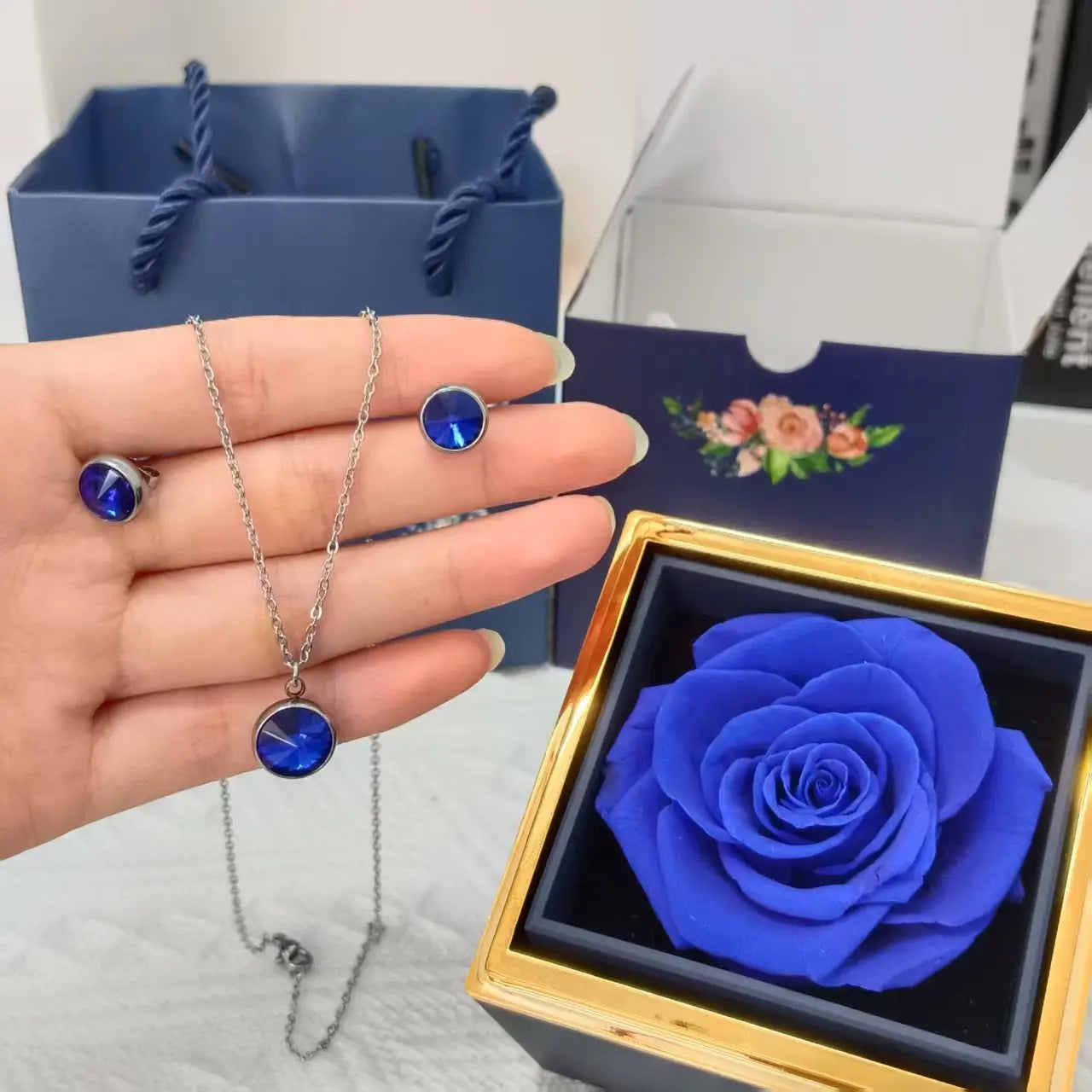 Perserved Real Blue Rose with necklace Eternal Flowers Gift for Her Wife Girlfriend Mom Grandma Birthday anniversary present