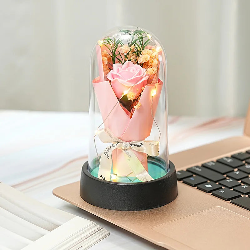 Everlasting Rose LED Glass Dome Bouquet Romantic Illuminated Ornament Perfect Valentine's Day Christmas Home Decor Romantic Gift