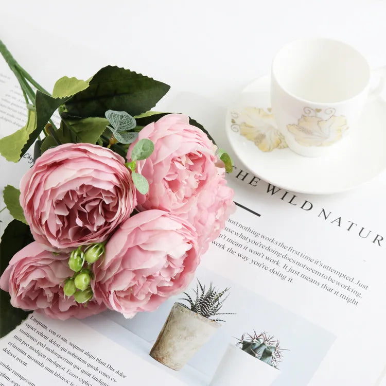 Ramo de Peonía y Rosa de Seda — 12 Colores, Hogar, Boda y Decoración Festiva