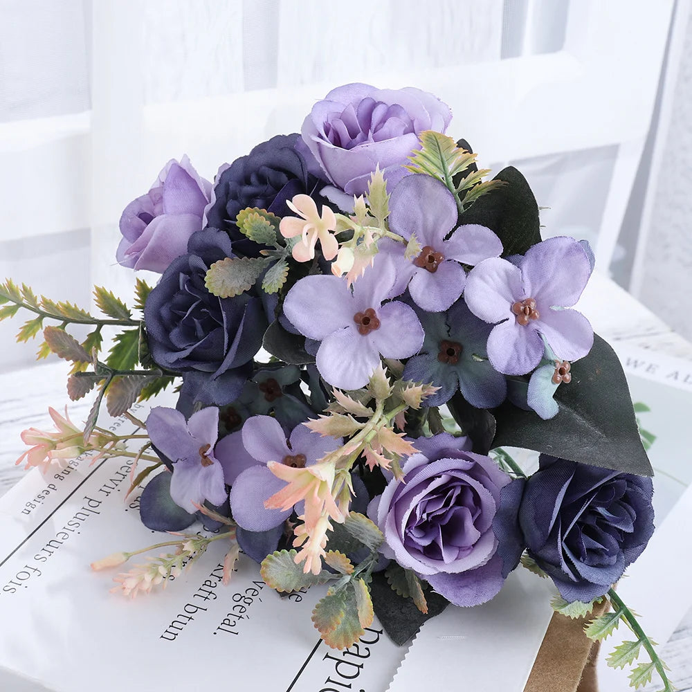 Ramo de Rosas e Hortensias de Seda — 12 Colores, Novia, Fiesta y Mesa