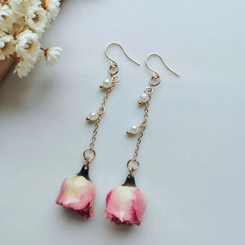 Immortal Rose Flower Earrings Elegant Epxoy Resin Dried Flower Earrings Colorful Rose Natural Plant Hoop Earrings Custom Jewelry
