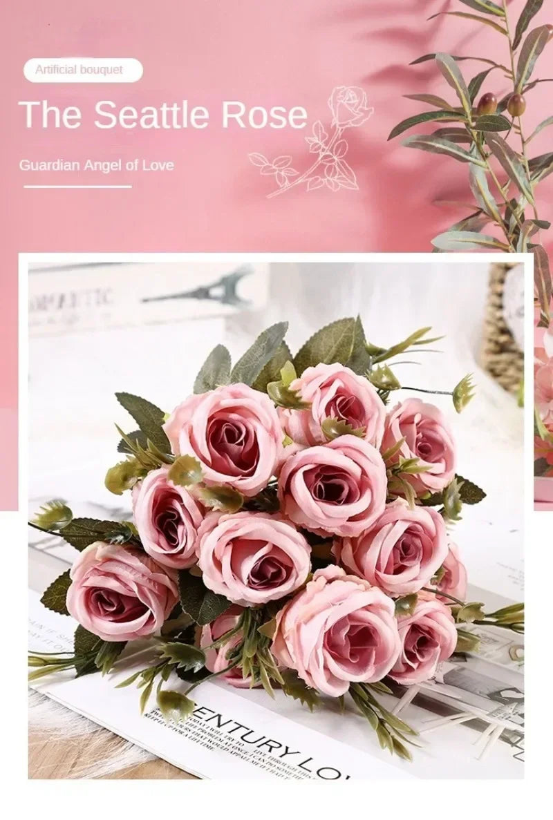 Retro Artificial Roses Bouquet Elegance Bridal Wedding Realistic Roses Flowers Floral Arrangement Ornaments Home Decoration