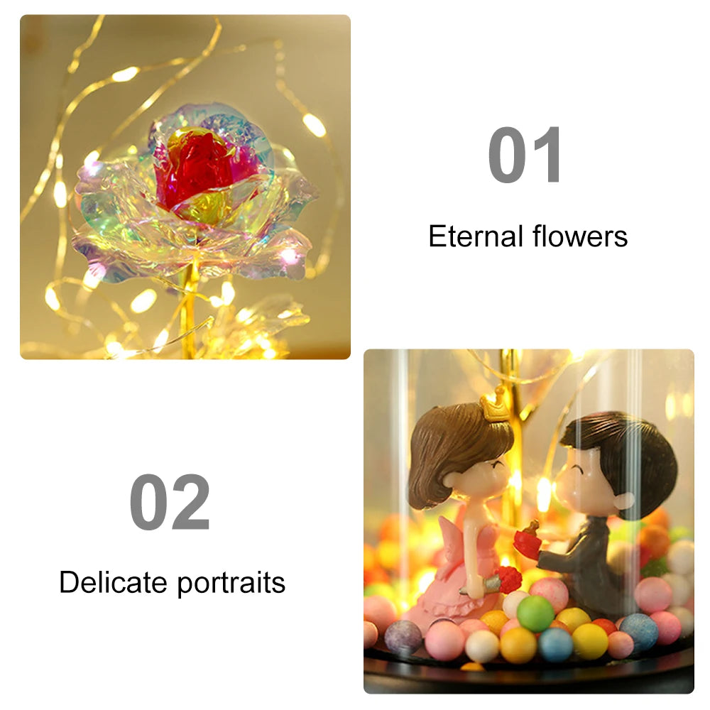 Eternal Rose Artificial flower Glass Cover Decoration LED Light Foil Flower In Glass Cover Wedding Valentine's Day Mother's Gift