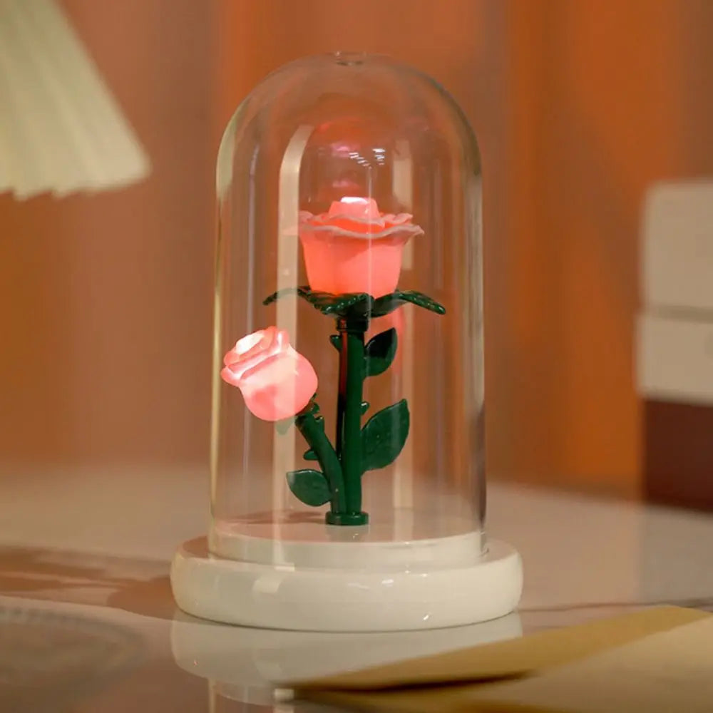 Romantic Eternal Rose Lamp with Lampshade Luminous LED Flower Light Pink Simple Rose Flower Night Light Wedding Decor
