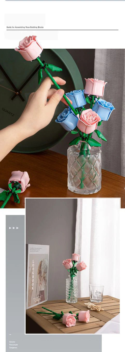 Eternal Building Rose Couple 3D Red/Pink/Blue Rose Toys Bouquet Love Home Decoration Mother's Day Valentine's Day Birthday Gift