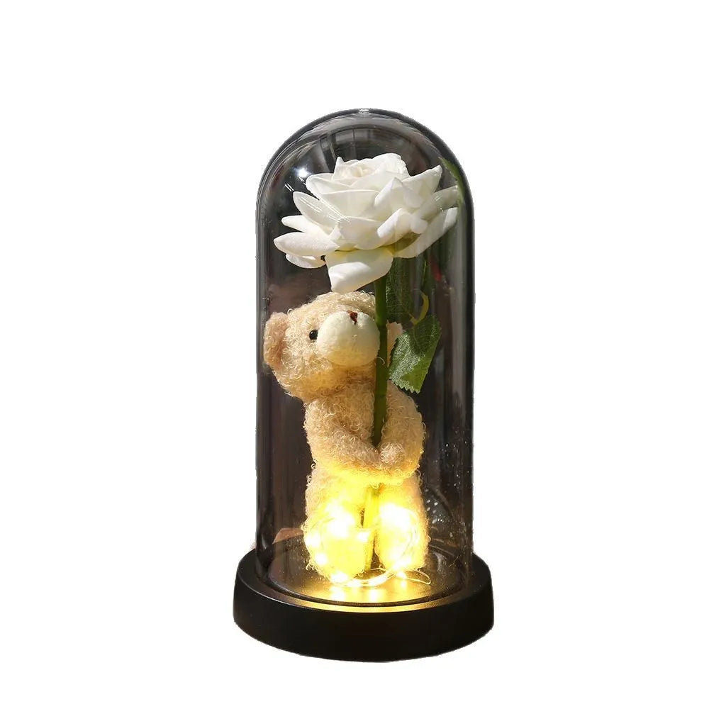 Eternal Rose in Glass Dome Artificial Flower with Bear Desk Accessories Christmas Valentine's Day Gifts Party Favors