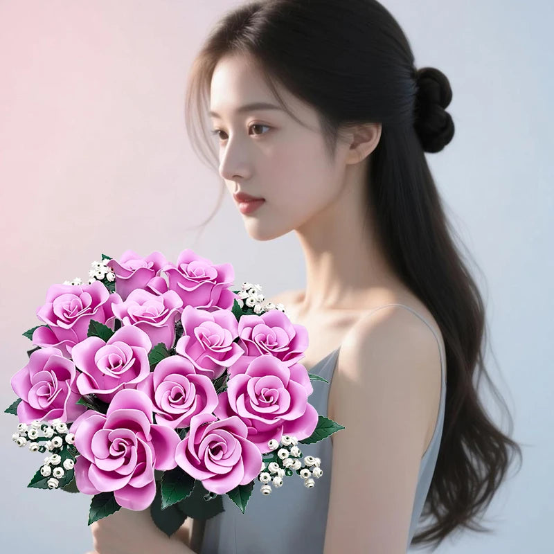 Ramo de Rosas en Bloques de Construcción — Set Romántico DIY, 12 Rosas, Decoración Hogar