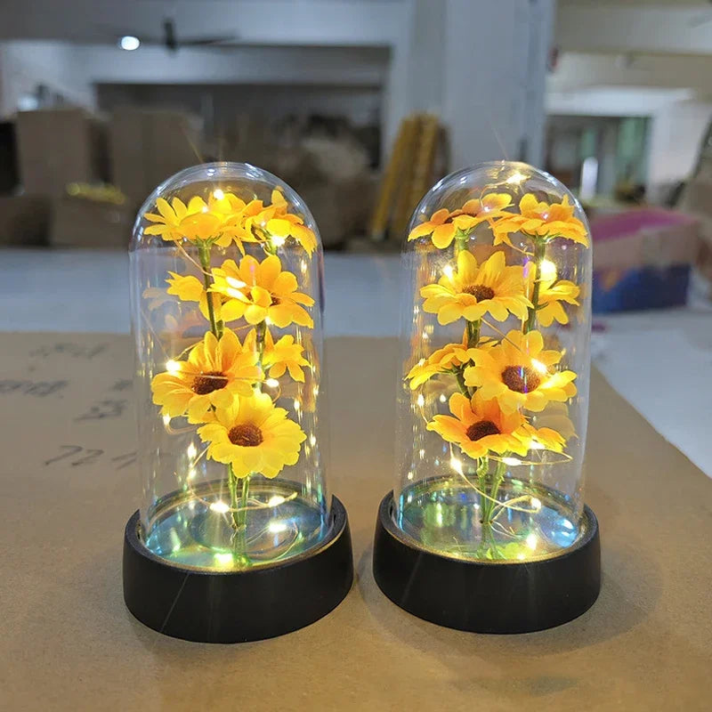 LED Night Light with Eternal Rose, Glass Cover Lamp, Sunflower Shade, Creative Desktop Decor