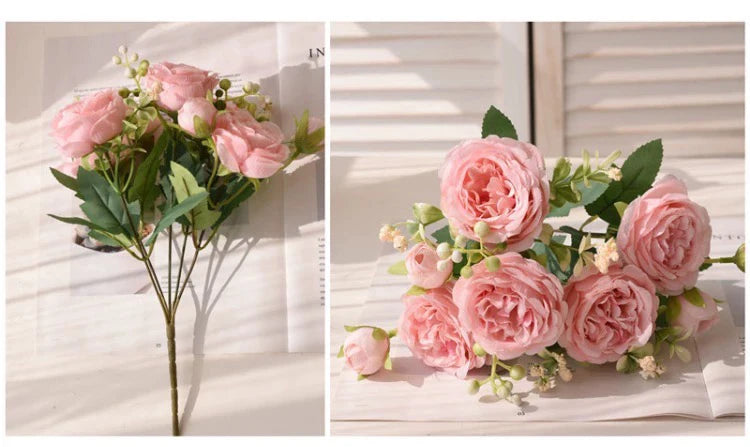 30cm Rose Pink Silk Bouquet Peony Artificial Flower 5 Big Head 4 Small Bud Bride Wedding Home Decoration Artificial Flower