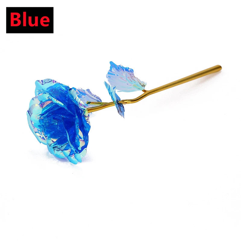 Rosa Bañada en Oro 24K — Rosa Dorada Eterna, Set con Base, 12 Colores, San Valentín