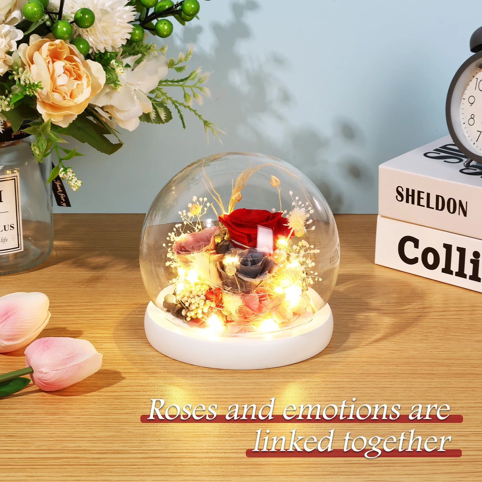 Artificial Flower Tulip Eternal Rose Flower Wedding Decor Handmade DIY LED Night Lamp Foil Glass Dome Preserved Flower Xmas Gift