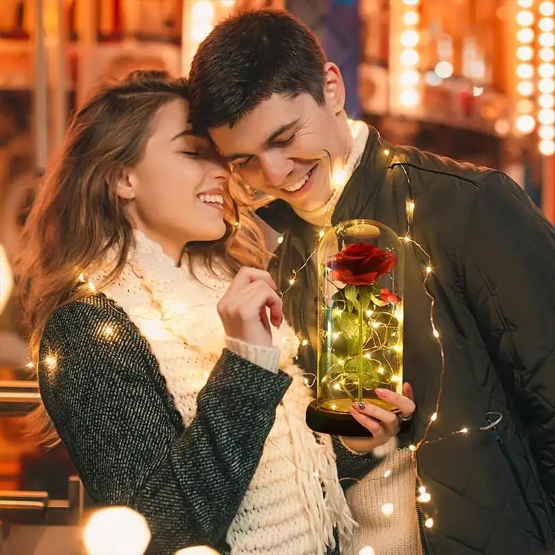 LED Eternal Red Rose in Glass Dome, Realistic Artificial Flower with Soft Light - Timeless Valentine's Day Gift