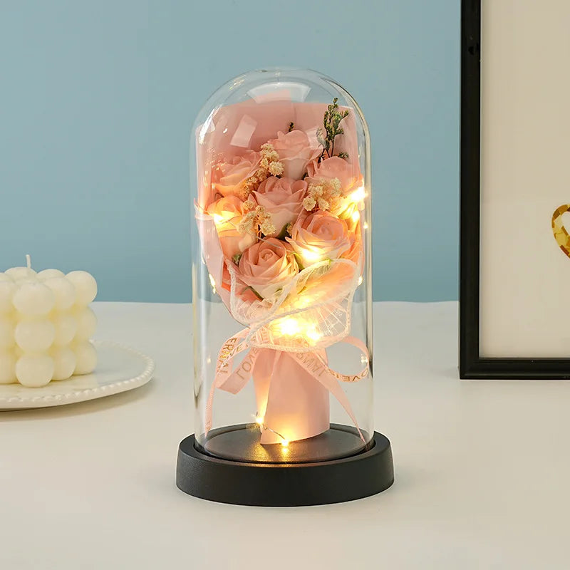 Wedding Birthday Valentine Day Gift Eternal Rose Flower Colorful Luminous Ornament for Women Mom Girlfriend Wife Home Decoration